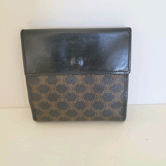Celine Macadam Vintage Wallet Purse Leather Black Bifold ID Medium Compact Logo - Picture 2 of 13